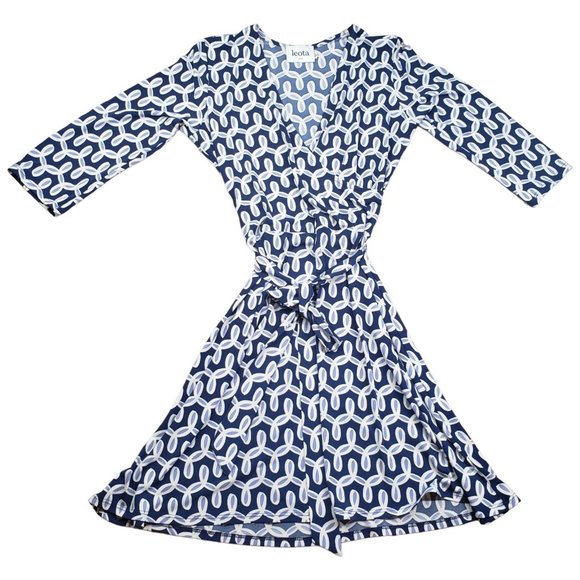 Leota Dresses & Skirts - Leota Womens Faux Wrap Dress Long Sleeve Geometric Pattern Size Medium Belt Blue